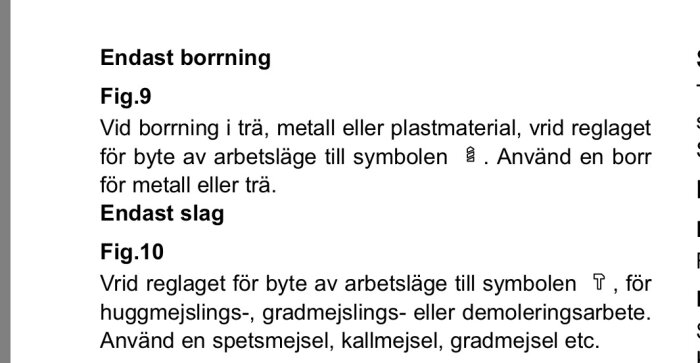 Svensk text, instruktioner för borrning och slagfunktion med symbolreferenser, verkar vara ur en manual.