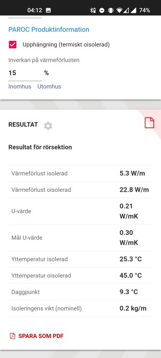 Skärmdump av PAROC produktinformation visar isoleringsdata som värmeförlust och temperaturer. "Spara som PDF" nedtill.