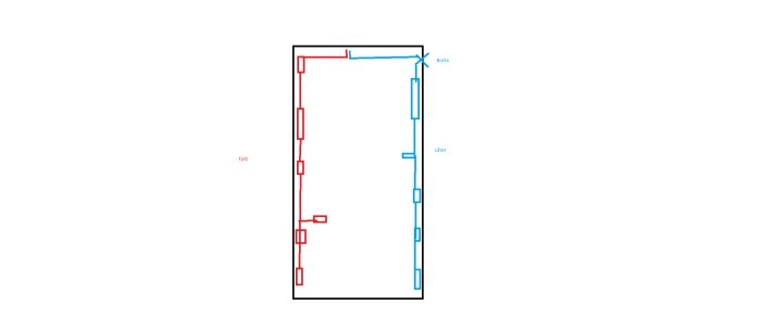 Enkel ritning av rörsystem med röda och blåa linjer, markerade med "tyst," "borta," och "låter."
