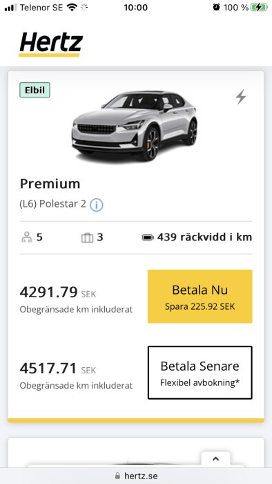 Skärmklipp från Hertz biluthyrningsapp visar elbil (Polestar 2), priser, bokningsalternativ och räckvidd.