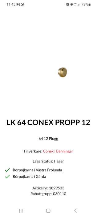 Skärmdump av produktinformation för en LK 64 CONEX propp 12, visar lagerstatus, tillverkare och artikelnummer.