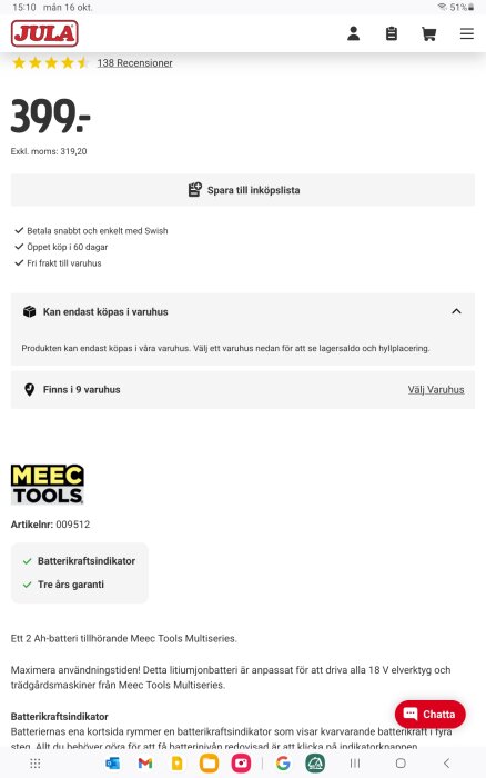Skärmdump av produktsida, Jula.se, batteri, pris, recensioner, köpinfo, tillgänglighet i varuhus, batteriindikator, Meec Tools.