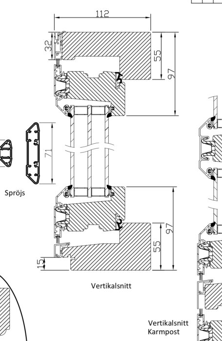 Teknisk ritning, fönstersektioner, måttangivelser, vertikalsnitt, detaljerade profiler, isolering, konstruktionsdetaljer.