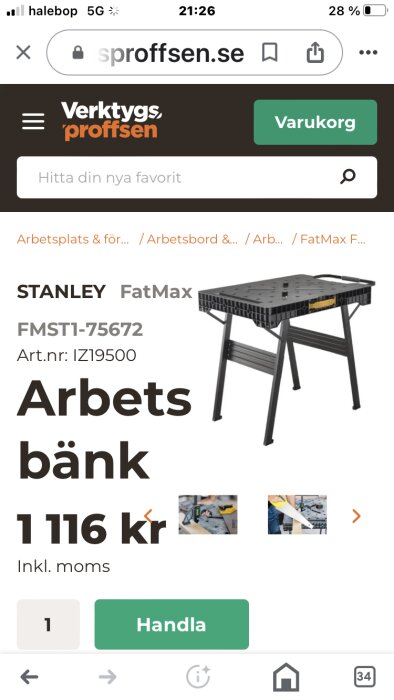 Skärmbild från webbutik som visar arbetsbänk, märkt STANLEY FatMax, pris 1 116 kronor, köpknapp.