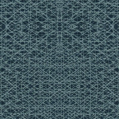 Mönstrad textil med upprepande geometriskt, spindelnätsliknande design i nyanser av mörkblått och vitt.