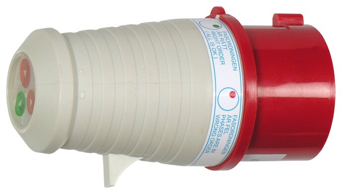 Röd och vit fasföljdsmätare för elektrisk installationskontroll.