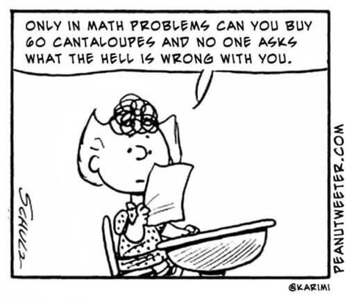 Komisk teckning, "Peanuts"-känsla, pojke läser, reflekterar över matematikproblem, ironi om att köpa cantalouper, humoristisk.