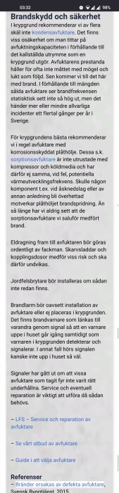 Svensk text om brandskydd och rekommendationer för avfuktare i krypgrund, bland annat korrosionsskyddade plåthölje.