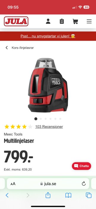 Produktbild av en multilinjelaser från Meec Tools på Jula webbsida, 799 kronor, fyra stjärnor och 103 recensioner.