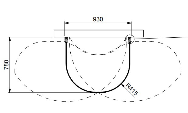 Teknisk ritning av ett objekt med måttangivelser: 930 mm bredd, 780 mm djup, radie 415 mm.