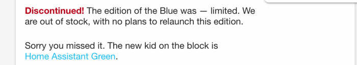 Text meddelar att "Blue"-editionen är utgången, introducerar "Home Assistant Green" som ny produkt.