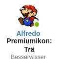 Animerad figur, liknande populär spelkaraktär, bredvid text: "Alfredo Premiumikon: Trä Besserwisser". Avatar eller profilbild.