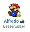 En tecknad figur liknande Super Mario, blå hängslebyxor, röd mössa, namn "Alfredo" och titeln "Besserwisser" bredvid en traktorikon.