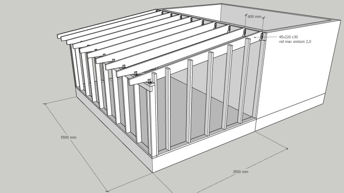 CAD-ritning av en träkonstruktion, möjligen ett loftskelett eller pergola, med måttangivelser.