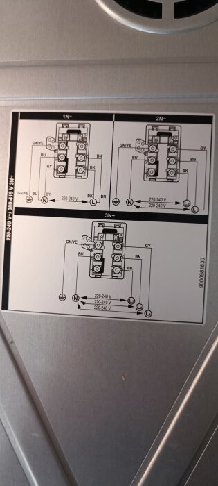 Fotografi av en etikett med elanslutningsscheman, visar 1-fas och 3-fasanslutningar, indikationer på 220–240V.