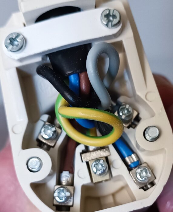 Elektrisk anslutning, trådar, skruvar, plast, närbild på en öppen strömbrytare eller uttag.
