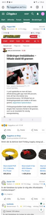 Skärmdump av forum, diskussion om elräkning som tredubblades, misstänkt olaglig energiavledning, och relaterade produkter.