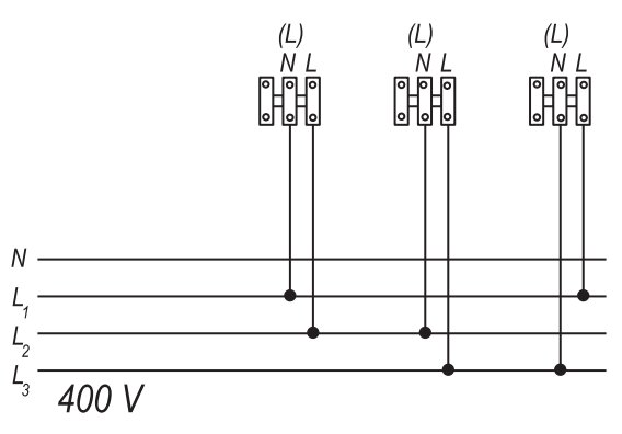 Schematisk illustration av trefas elektrisk anslutning med neutraledare och 400 V märkning.