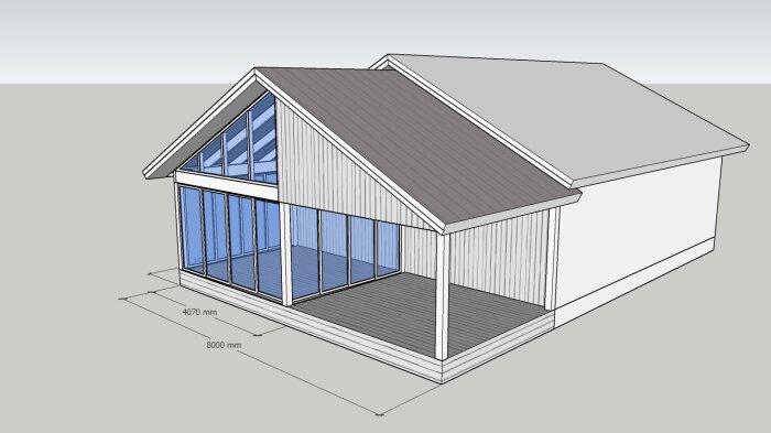 3D-modell av ett modernt hus med stora fönster, sadeltak och måttangivelser.
