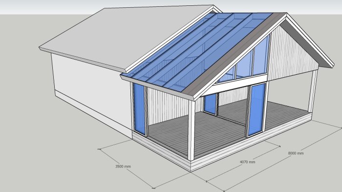 3D-modell av ett enkelt hus med måttangivelser, genomskinligt tak och väggar, på en grå bas.