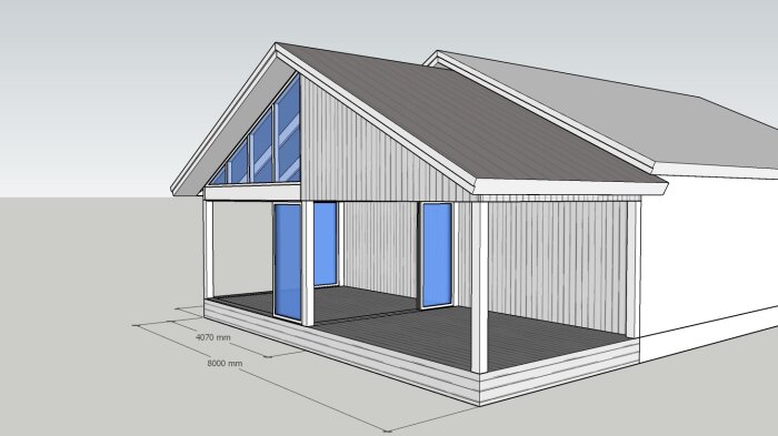 3D-modell av ett litet hus med mått, lutande tak, stora fönster, och träpaneler.