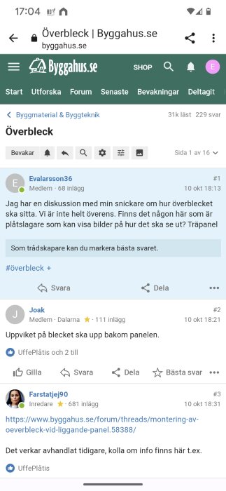 Skärmdump av en forumtråd på Byggahus.se, diskussion om montering av överbleck med inlägg från användare.