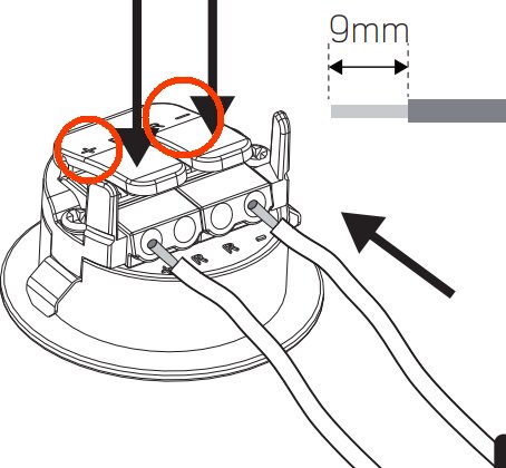 Illustration av elinstallation, två kablar, cirkelmarkeringar, mätningssymbol för 9mm avstånd, svart pil.