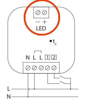 Elektriskt kopplingsschema för en enhet med LED, terminalblock och strömanslutningar markerade L och N.