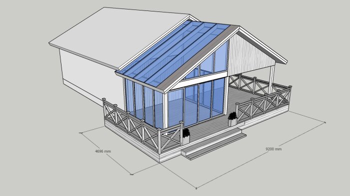 3D-modell av hus, glasveranda, gråskala, måttangivelser, trästaket, modern design.