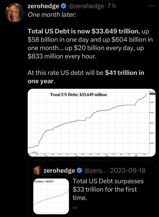 Skärmdump av Twitter, inlägg om USA:s skuld, graf, prognos $41 biljoner inom ett år.