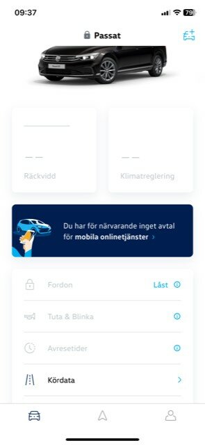 Bil-app gränssnitt visar Volkswagen Passat, funktioner, meddelande om saknat avtal för tjänster.