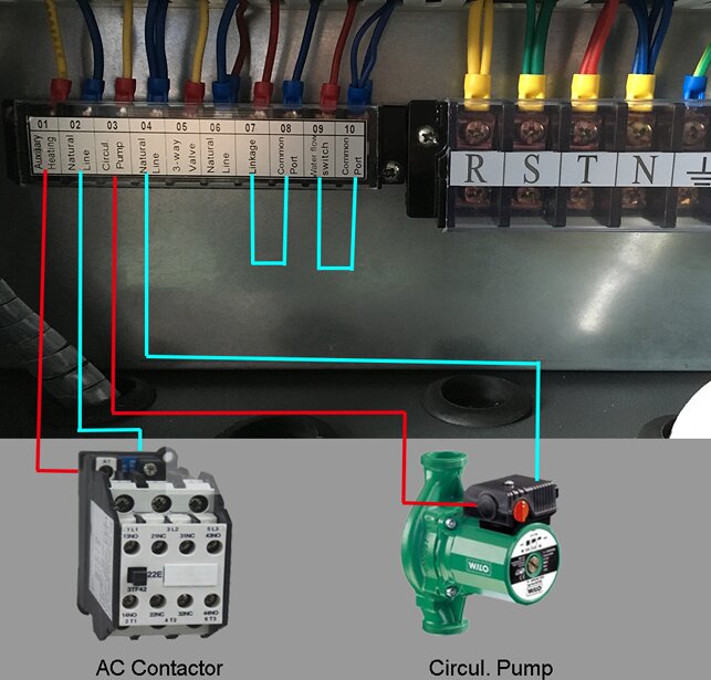 Elinstallationsschema, kontaktor, cirkulationspump, anslutningar markerade med färger, teknisk bild, elektriska komponenter.