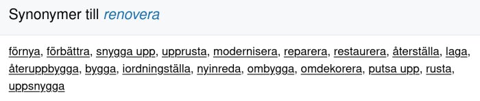 Lista med synonymer till "renovera" på svenska, textbild med ord för upprustning och förbättring.
