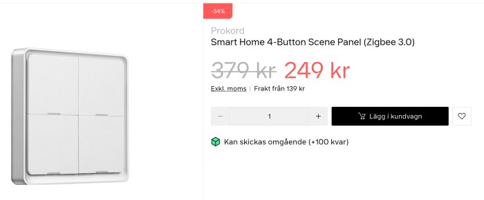 Vit smart hem-panel med fyra knappar, Zigbee 3.0, nedsatt pris, köp- och önskelista-knappar, fraktinformation.
