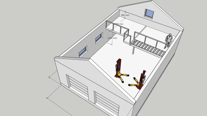 3D-modell av industrihall med människa, gaffeltruckar, mätningar och mezzaninvåning.