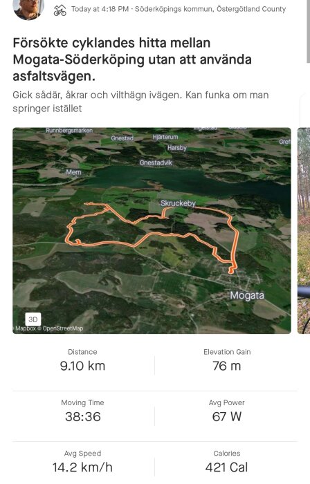 Skärmdump av cykeltur, 9.1 km, 38:36, utan asfalt, svenska, app, karta.