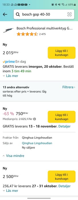 Skärmdump av online-shop, Bosch multiverktyg, olika priser, stjärnbetyg, leveransalternativ, köpknapp.