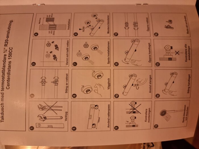 Instruktionsbilder för installation och användning av duschutrustning, svartvit, ikoner och piktogram, varningssymboler och text.