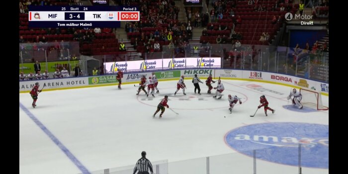 Ishockeymatch, slutet av tredje perioden, poängställningen är 3-4, åskådare, spelare i aktion, isrink.