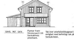 Ritning av ett tvåvåningshus med veranda, förslag till ändringar angivna, svartvit teknisk illustration.