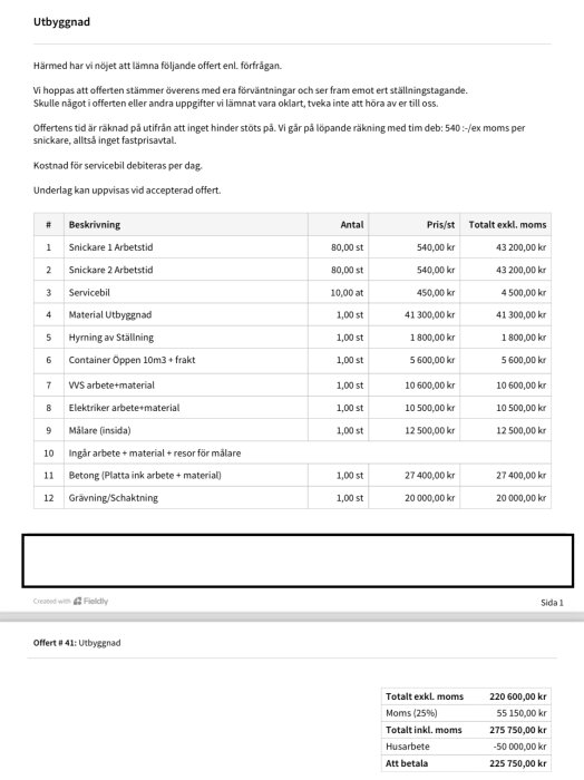 Konstruktionskostnadsförslag med postbeskrivning, antal, enhetspris, exklusiv moms, total, Fidelify logotyp nere vänster.