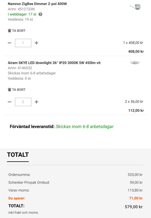 Skärmdump av online-varukorg med elektriska produkter, förväntad leveranstid och totalpris inklusive moms.