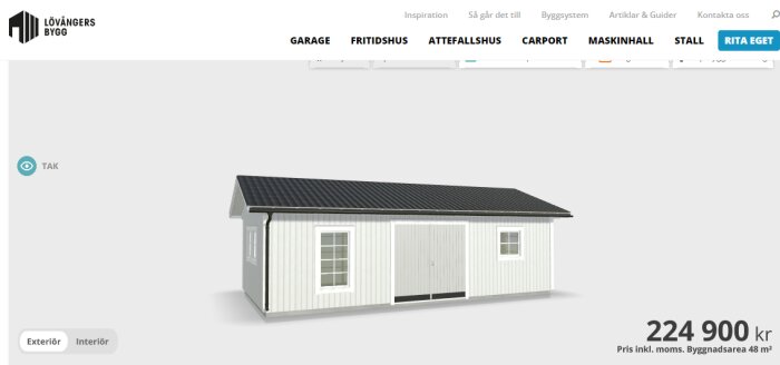 En vit attefallshus-modell visas på en webbsida, prissatt 224 900 kronor inklusive moms.