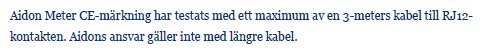 Text om CE-märkt energimätare, testad med tre meters kabel, ansvar undantas för längre kabel.