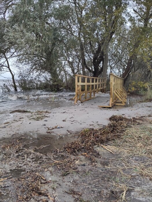 Översvämmad strand, trasig trätrappa, kraftig vind, vågor, smuts, löv, grå himmel.