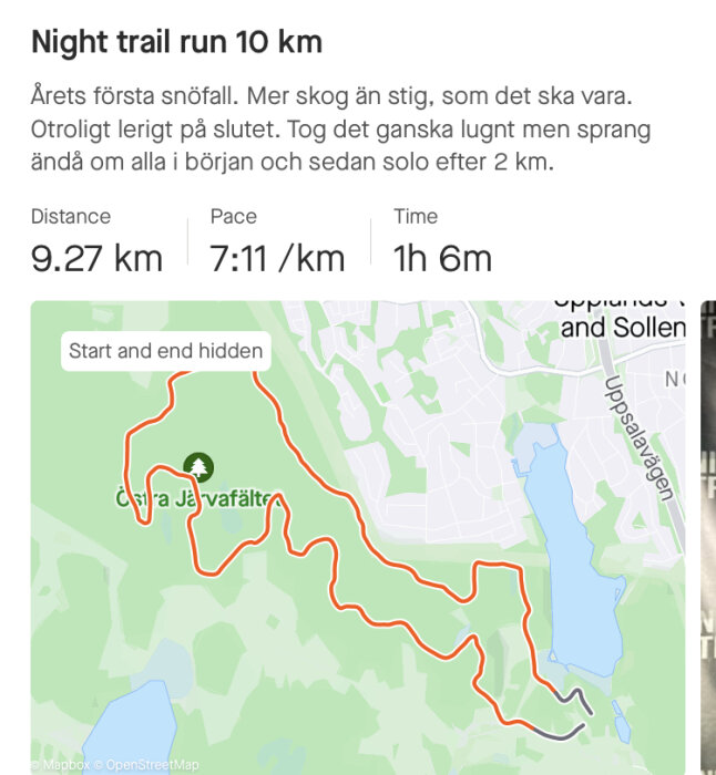 GPS-karta visar löprunda på 9,27 km, genomsnittstempo 7:11/km, total tid 1h 6m.