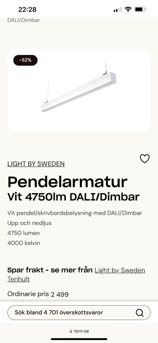 En vit pendellampa med DALI/Dimbar funktion, 4750 lumen och 4000 kelvin, reklam med rabatt på mobilsida.