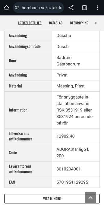 E-handelssida visar produktinformation om duschutrustning för badrum och gästbadrum, inkluderar material och artikelnummer.