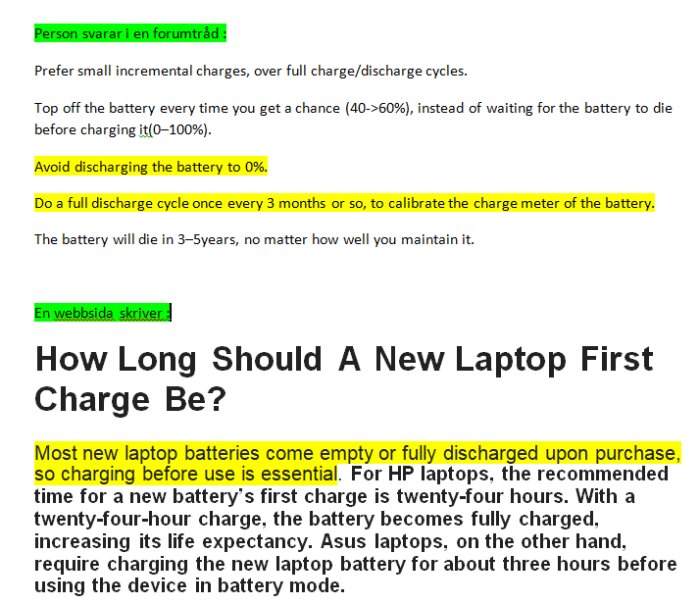 Skärmbild av forumtråd och artikel om laptopbatteriers laddningstid och underhåll.