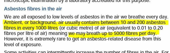 Text om asbestfibrer i luften, markeringar betonar fibrers antal och hälsorisker.